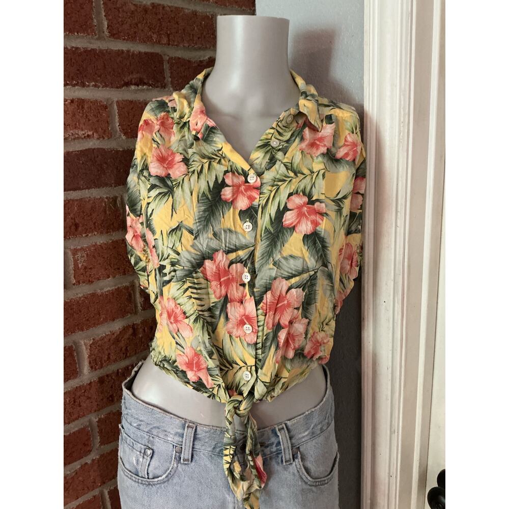 American Eagle Tropical Hibiscus Tie Front Button Shirt Yellow Floral Small